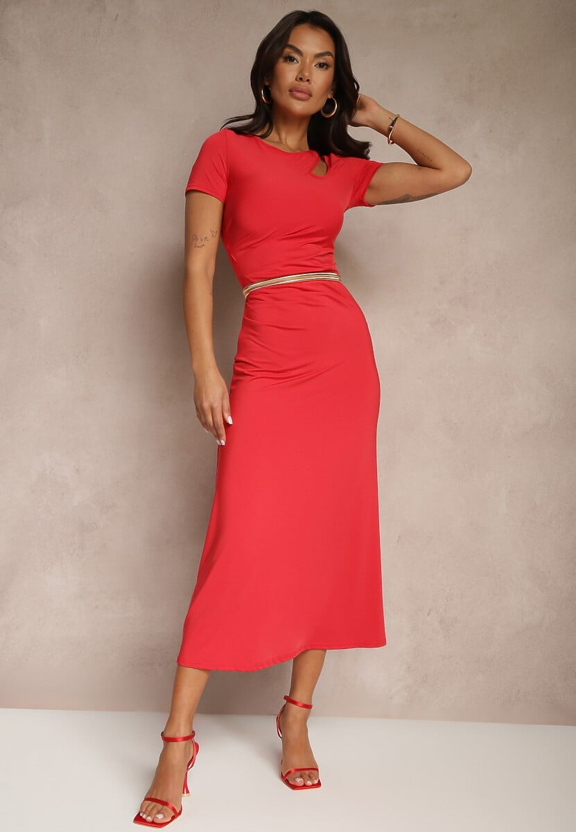 Niebieska Sukienka Bodycon z Marszczeniem w Talii  i Krótkimi Rękawami Aterezza