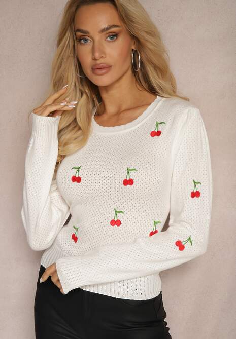 Biały Sweter z Wiskozą i Ozdobną Perforacją z Aplikacjami w Kształcie Wisienek Niriala