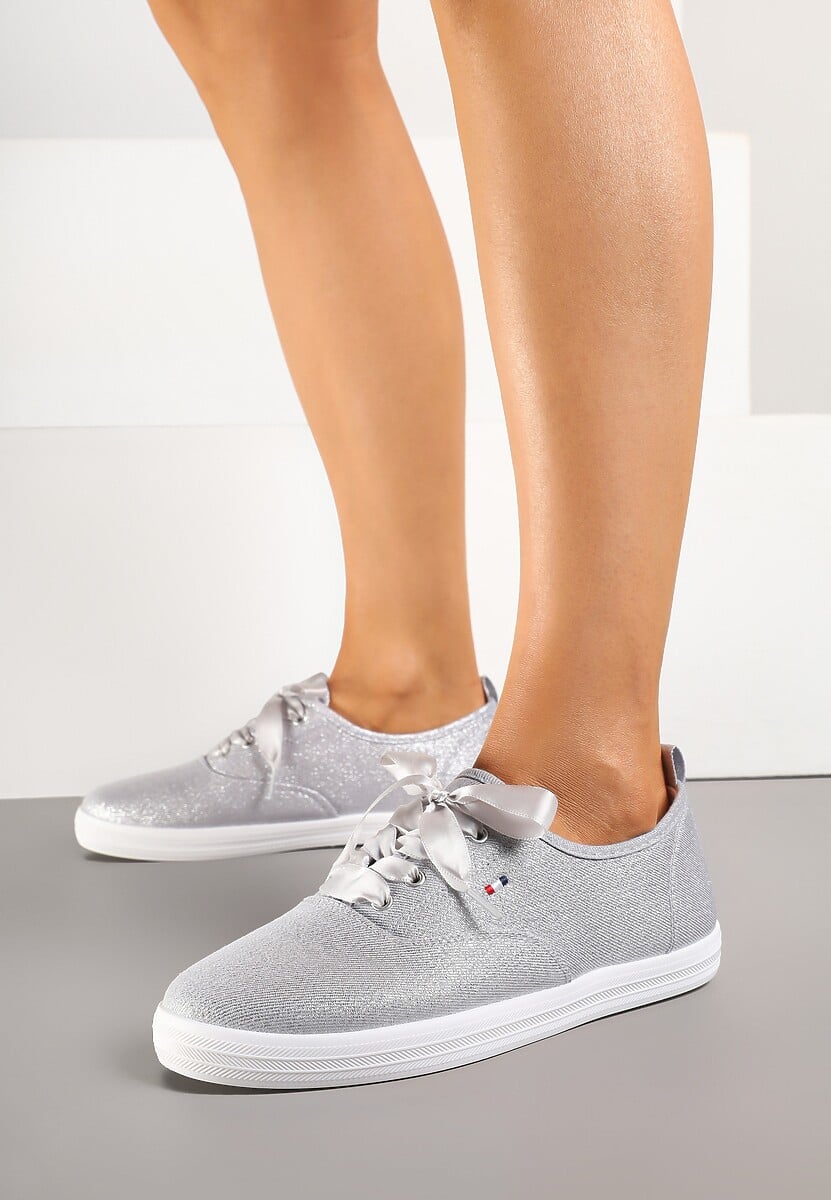 Srebrne Tenisówki Brokatowe z Ozdobnymi Sznurowadłami Palmena