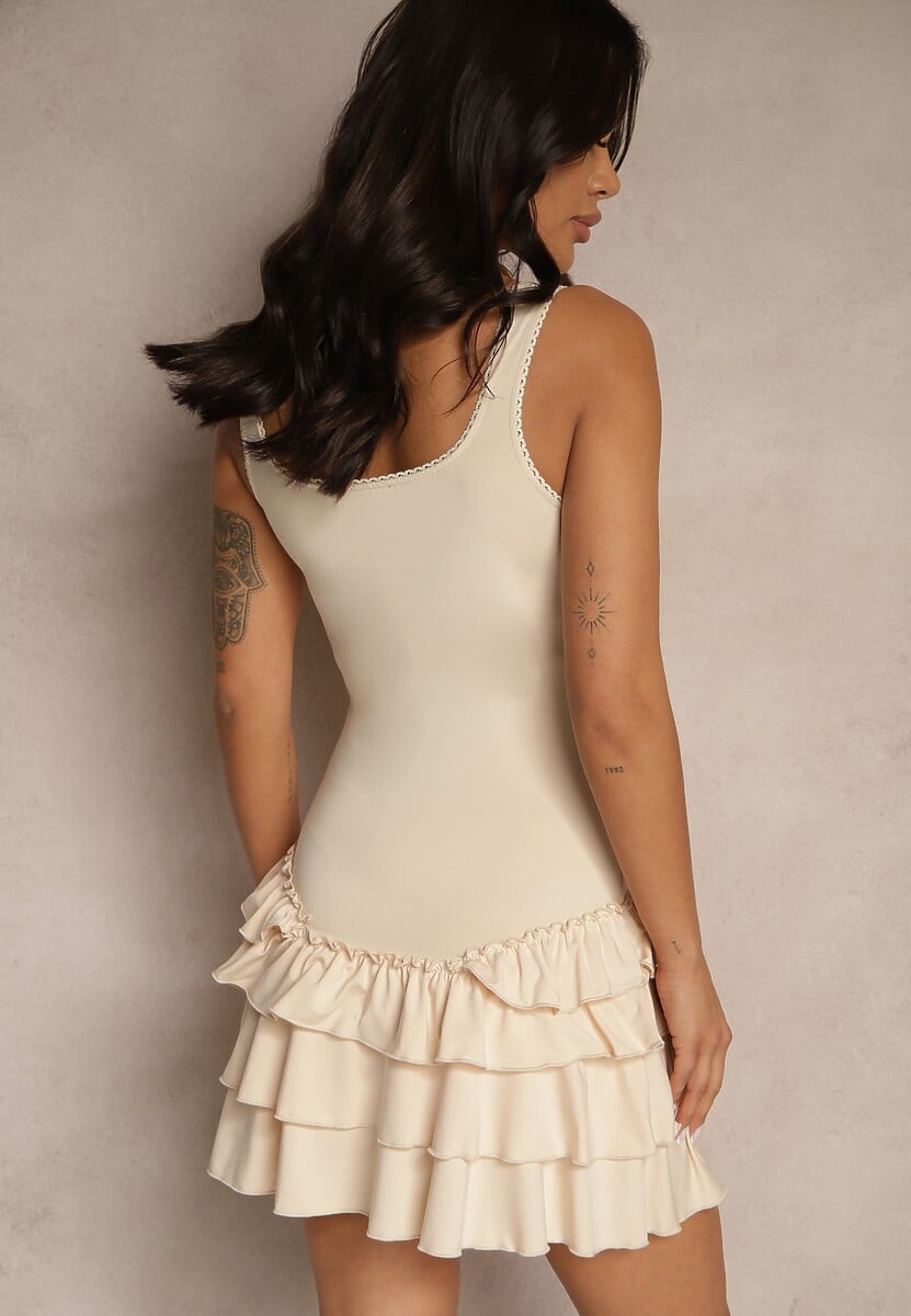 Beżowa Sukienka z Wiskozą i Falbankami Uvenellia