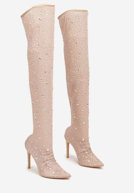 Beżowe Kozaki na Szpilce za Kolano z Przezroczystą Cholewką Ozdobione Cyrkoniami Felilorn