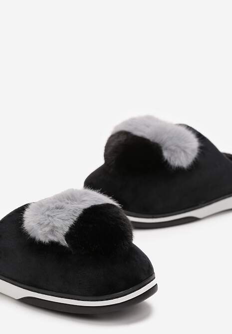 Czarne Kapcie z Pomponem w Kształcie Serduszka z Futerka Rafima