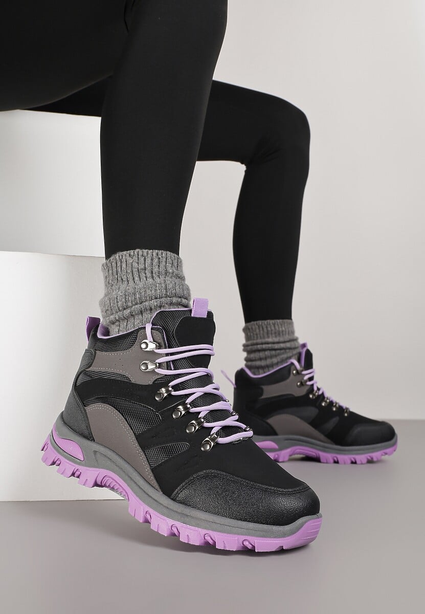 Czarno-Fioletowe Buty Trekkingowe Trapery Vices z Geometrycznym Wzorem Norrive
