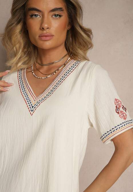 Czerwona Pudełkowa Sukienka z Bawełny w Hafty w Stylu Boho Felkio