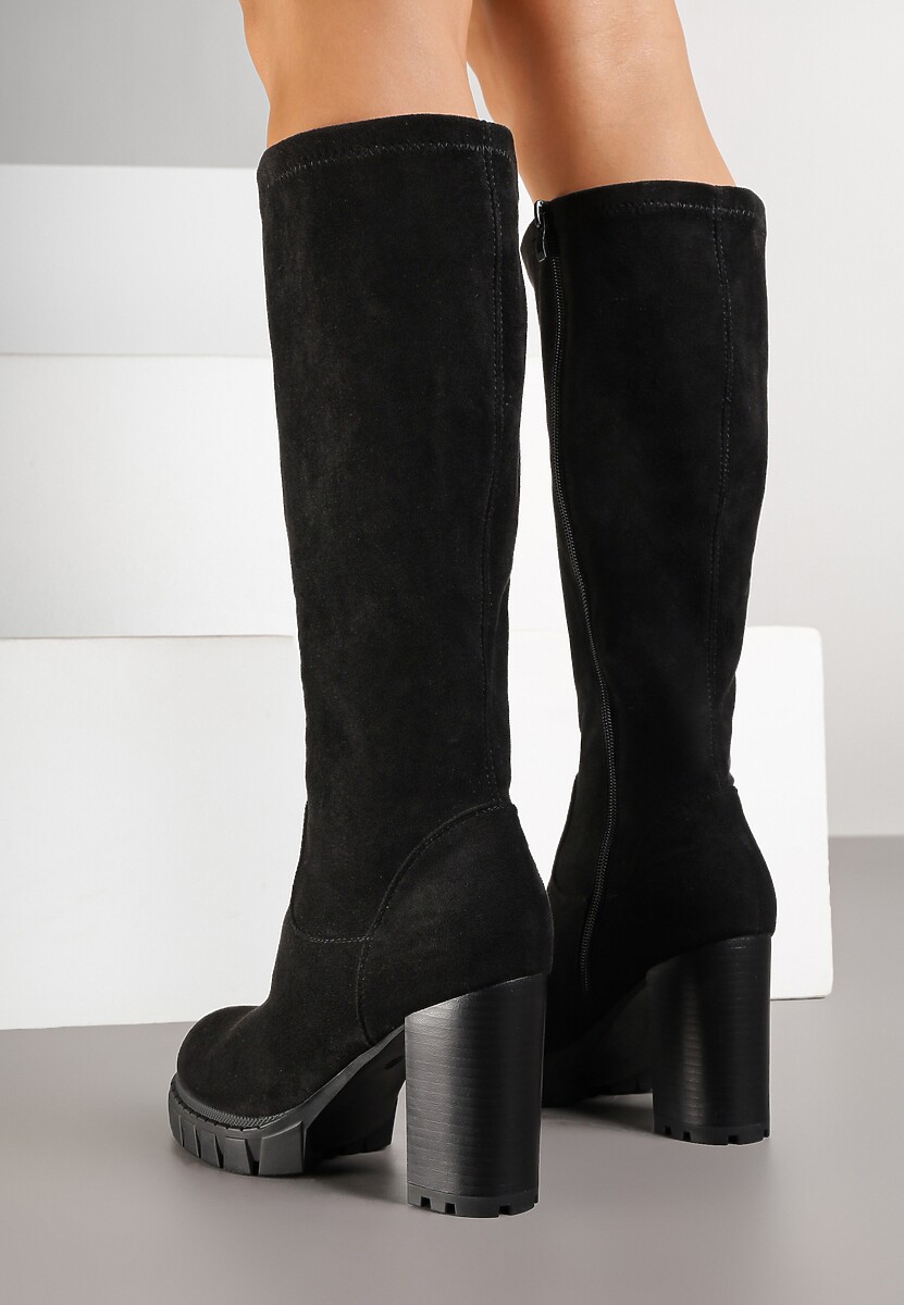 Czarne Kozaki z Imitacji Zamszu na Obcasie Typu Słupek Rilaresa