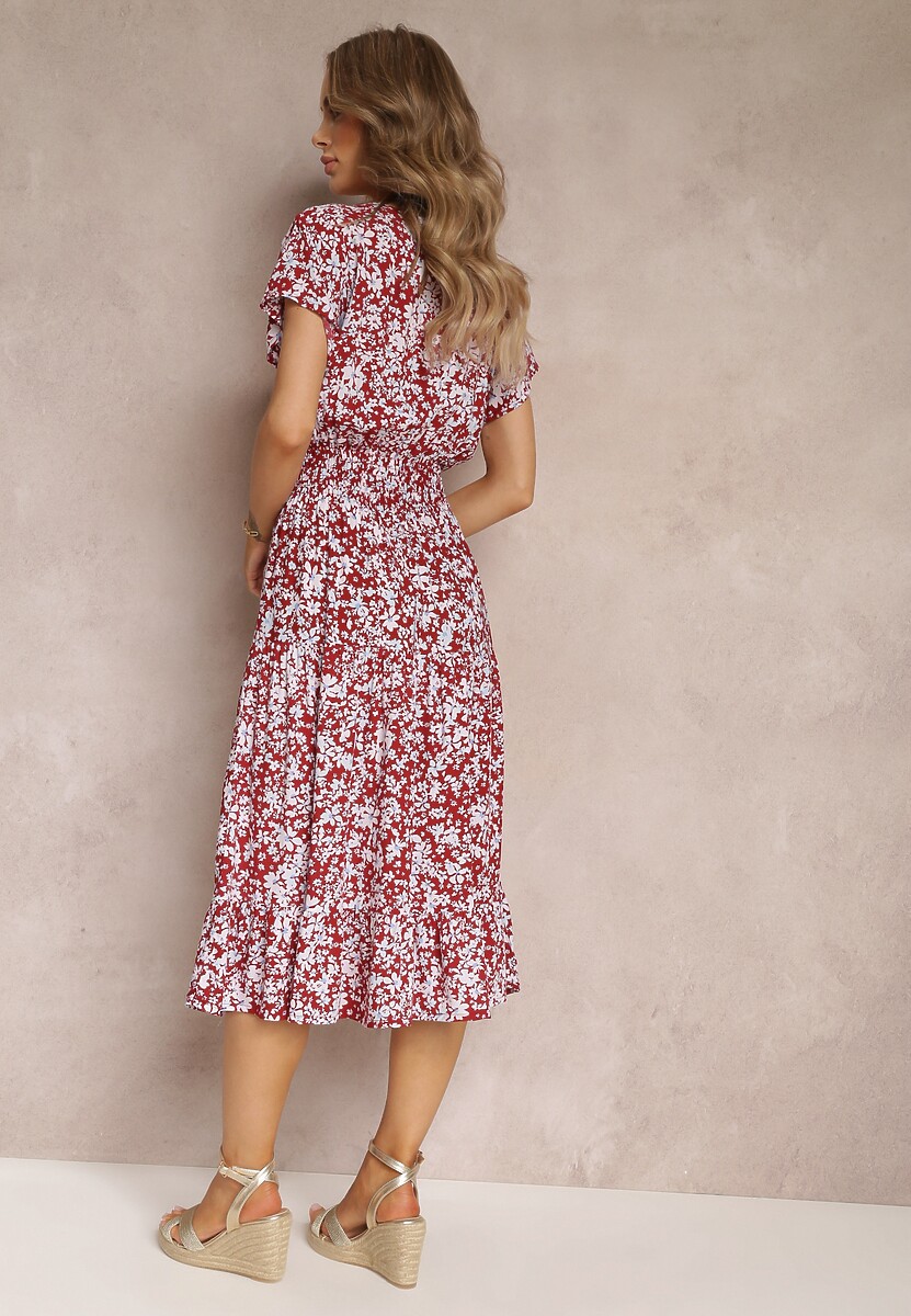 Czerwona Bawełniana Sukienka z Guzikami Przy Dekolcie i Gumką w Pasie Grasita