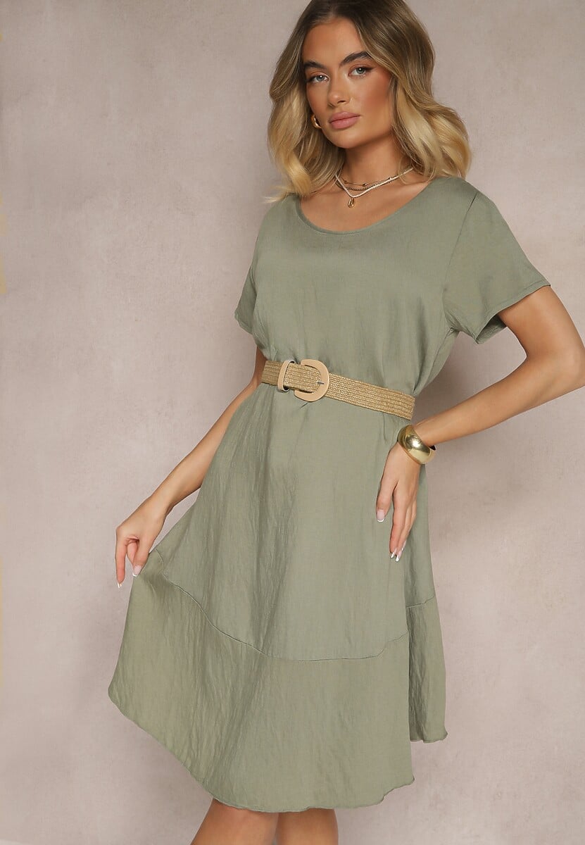 Ciemnobeżowa Sukienka z Wiskozy o Rozkloszowanym Kroju Irisena