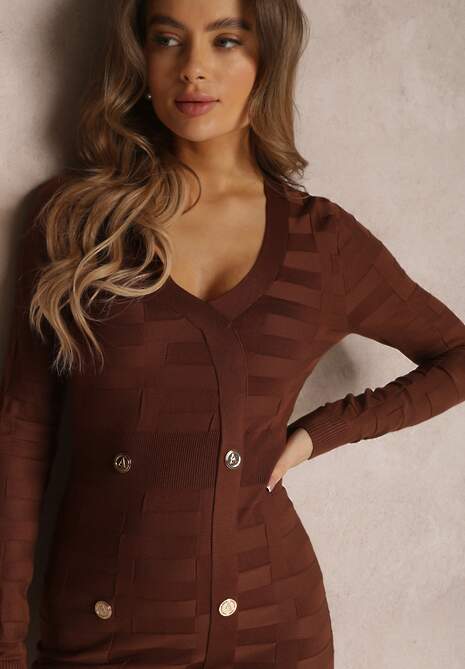 Brązowa Sukienka Dzianinowa z Napami Cits