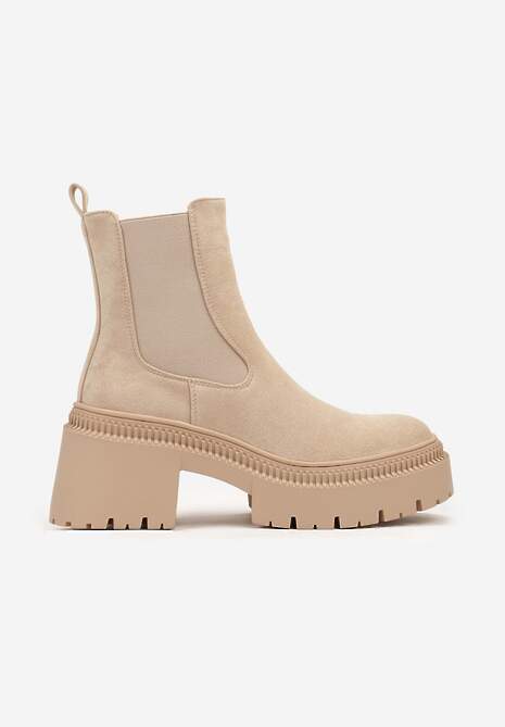 Beżowe Botki na Słupku i Platformie Sztyblety Grunge z Elastyczną Cholewką Lericea