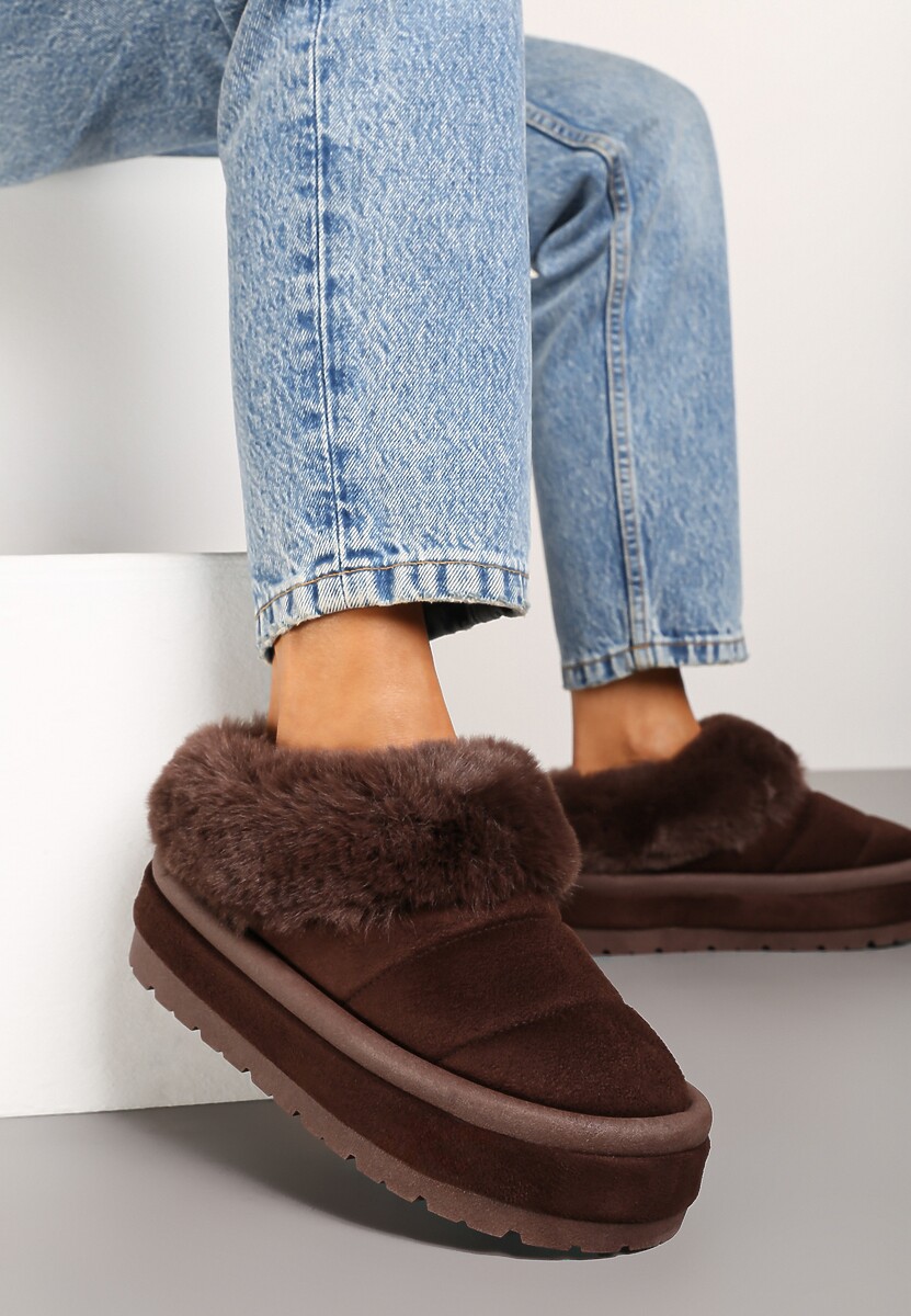 Brązowe Niskie Śniegowce Ekozamszowe na Platformie z Pikowaniem i Futerkiem Realira