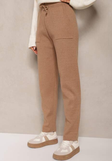 Ciemnobeżowe Spodnie z Bawełną High Waist Ozdobione Sznurkiem Venaline