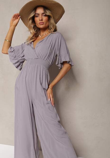 Szary Kombinezon z Bawełny z Gumką w Talii i Dekoltem w Szpic Tesaoona