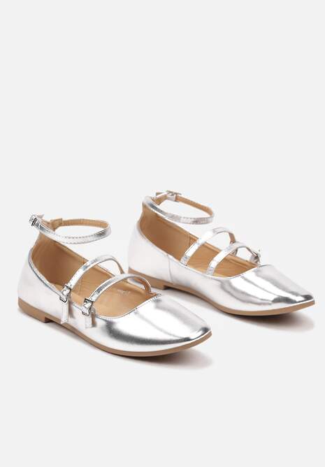 Srebrne Klasyczne Balerinki Zapinane na Paseczki z Ozdobnymi Klamerkami Lerithana