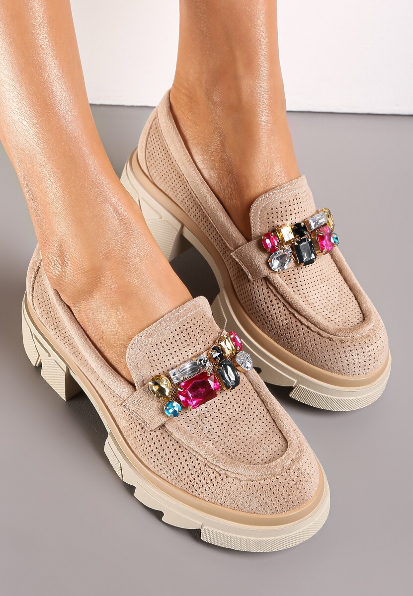 Ciemnobeżowe Mokasyny z Kryształami i Wkładką ze Skóry Naturalnej Zaidy