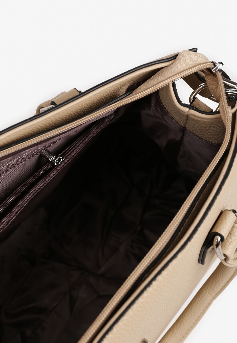 Ciemnobeżowa  Torebka Ozdobiona Klapą i Metaliczną Wstawką Jonavia