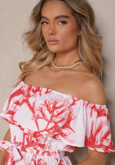 Czerwono-Biała Rozkloszowana Sukienka Hiszpanka z Wiązaniem w Talii Sesalira