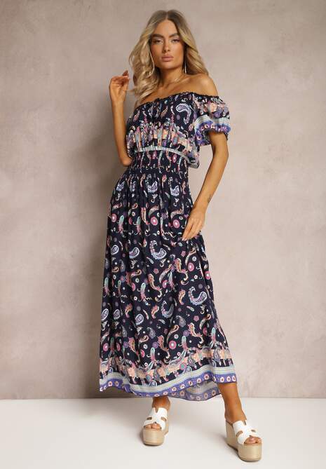 Granatowa Letnia Sukienka z Bawełny o Fasonie Hiszpanki z Gumką w Pasie i Wzorem Paisley Delsina