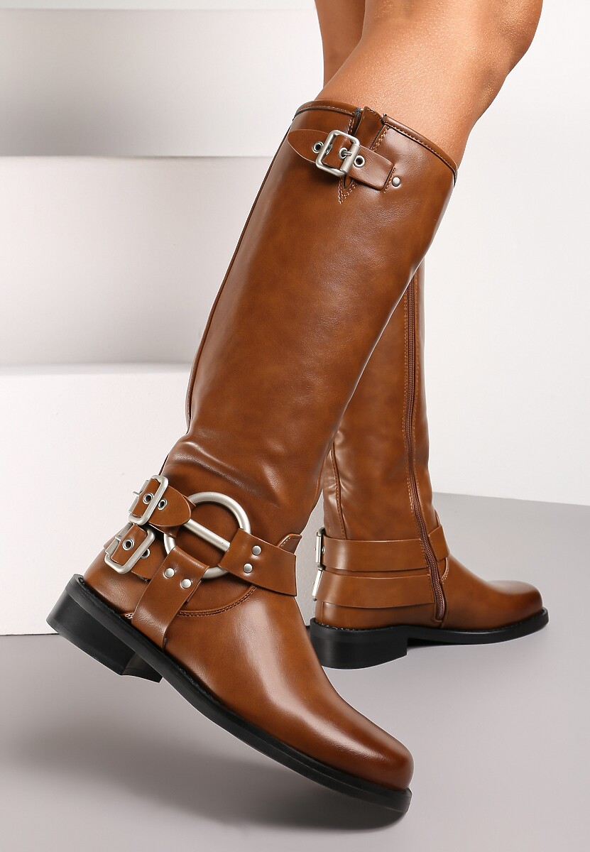 Jasnobrązowe Kozaki Biker z Kwadratowym Noskiem i Ozdobną Klamerką Verveli