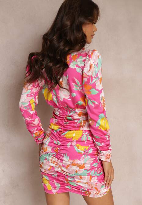 Fuksjowa Marszczona Sukienka Mini z Głębokim Dekoltem i Kwiatowym Wzorem Miyaha