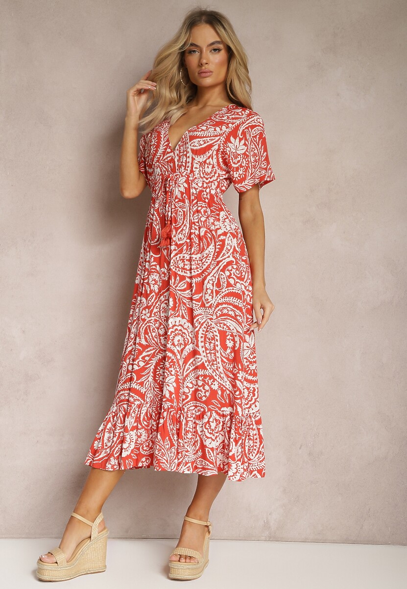 Czerwono-Beżowa Sukienka Letnia z Gumką w Talii i Ozdobnymi Chwostami Aleriana