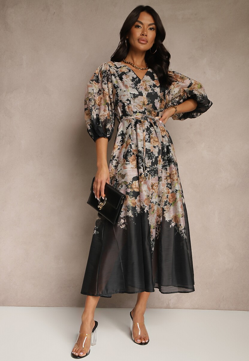 Czarna Rozkloszowana Sukienka z Wiskozy w Kwiatowy Wzór z Wiązaniem Redilina