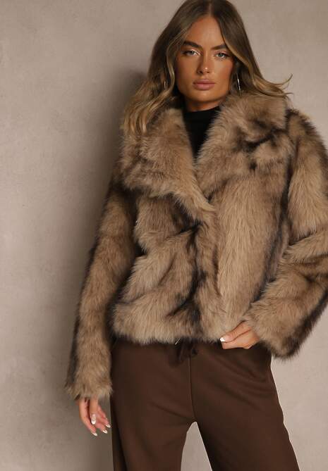 Beżowa Kurtka Futerko z Ozdobnym Kołnierzem Fitene