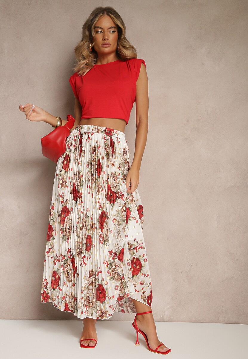 Czarna Rozkloszowana Spódnica z Plisami w Kwiatowy Wzór z Metalicznym Nadrukiem Follenna