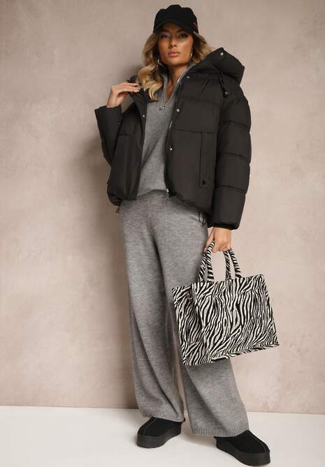 Czarna Pikowana Kurtka z Kapturem ściągaczami i Troczkami Hedidra