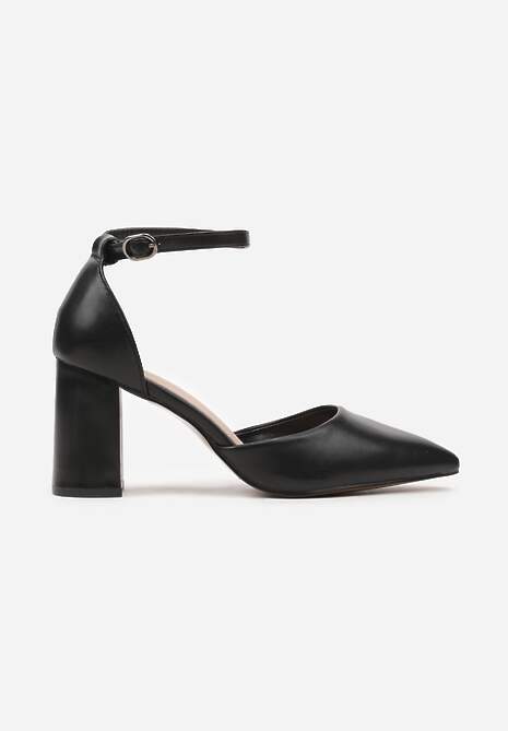 Czarne Czółenka z Ekoskóry na Obcasie ze Skórzaną Wkładką i Paskiem Wokół Kostki Veliona