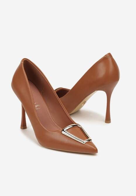 Brązowe Szpilki Vices z Wkładką ze Skóry Naturalnej Ozdobione Klamrą Miava