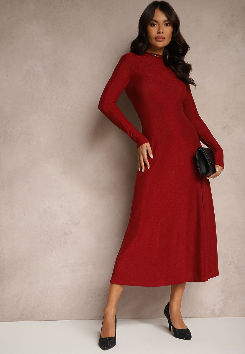 Bordowa Elegancka Sukienka z Wiskozą i Brokatem Werista