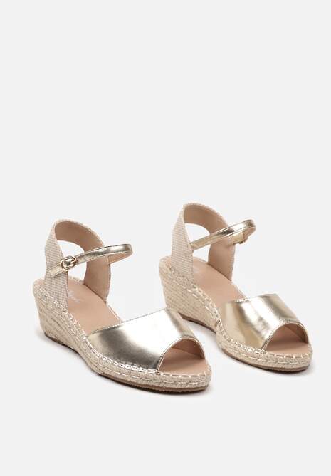 Złote Sandały na Koturnie z Wkładką z Ekoskóry Ozdobione Plecionką z Juty Notesa