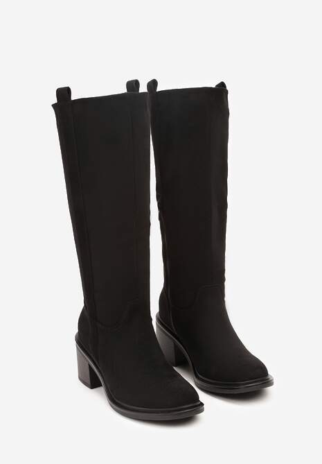 Czarne Kozaki Oficerki Vices na Obcasie Zdobione Paskami przy Cholewce Giorela