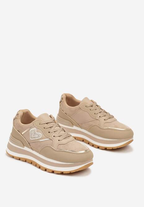 Ciemnobeżowe Sneakersy na Platformie z Metalicznym Wykończeniem i Sercem Veriscas