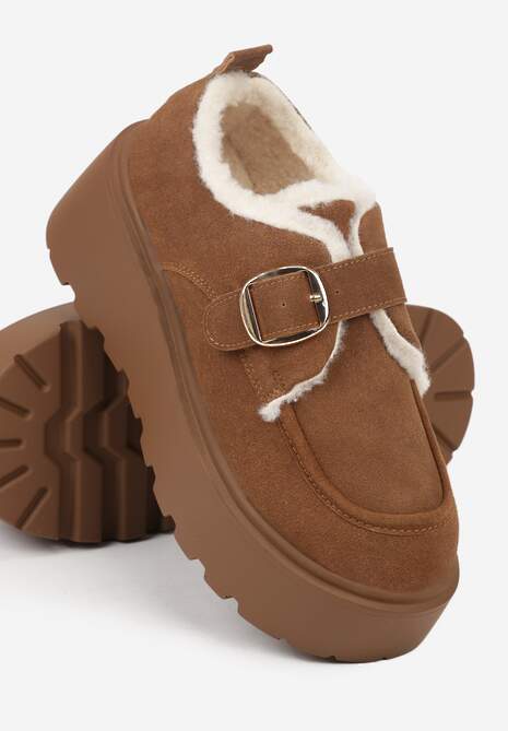 Jasnobrązowe Śniegowce na Platformie z Paskiem ze Sprzączką i Futrem Unweda