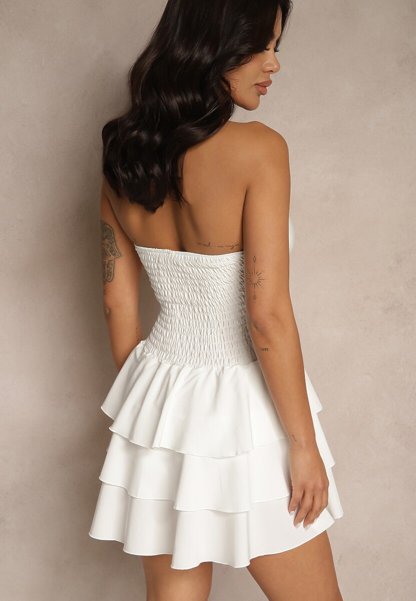 Jasnobeżowa Rozkloszowana Sukienka z Bawełną Ozdobiona Falbankami Marosea