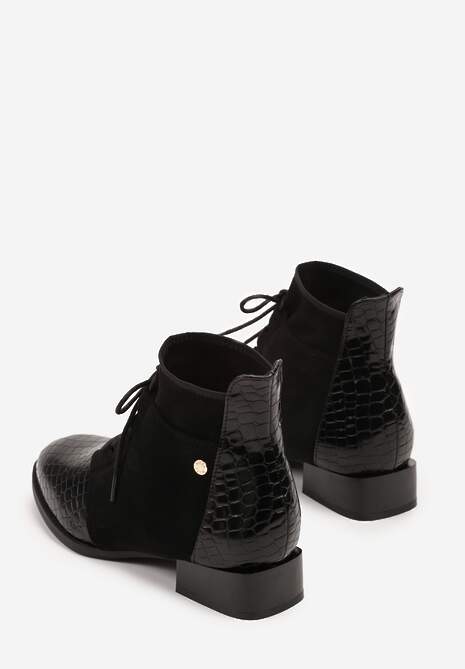 Czarne Sznurowane Botki do Kostki Vices Zdobione Tłoczeniem Skóry Węża Wedvire