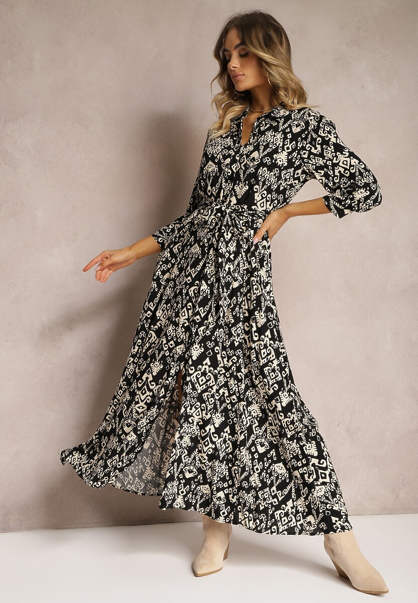Czarna Sukienka Koszulowa Wiązana w Pasie w Etno Wzór z Wiskozy Lokaggia
