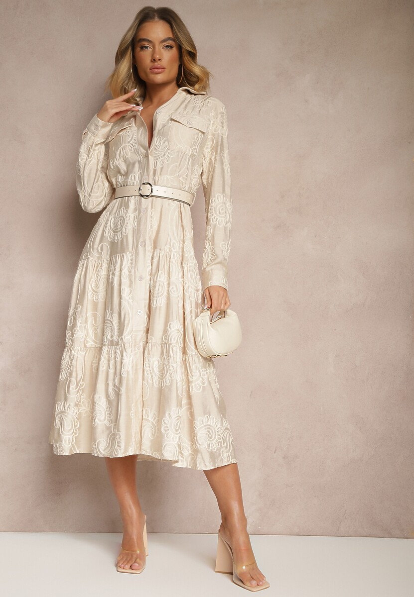 Beżowa Wiskozowa Rozkloszowana Sukienka Koszulowa z Bawełną i Paskiem Odivoria