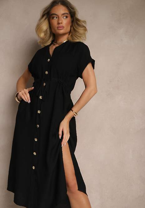 Czarna Wiskozowa Sukienka Koszulowa z Guzikami i Wiązaniem w Talii Velazia