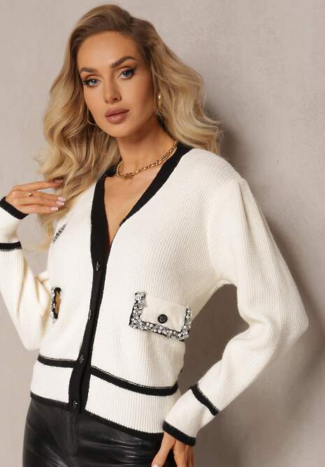 Jasnobeżowy Wiskozowy Sweter Kardigan z Kontrastową Lamówką i Naszywkami Narjee