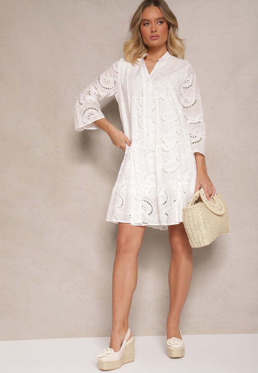 Biała Haftowana Sukienka Boho z Bawełny o Rozkloszowanym Kroju Helavira