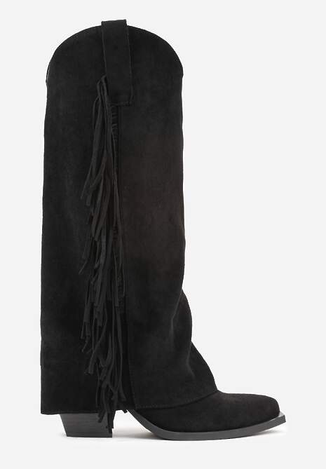 Czarne Kozaki Kowbojki na Stożku z Cholewką Imitującą Nogawkę z Frędzlami Monettea