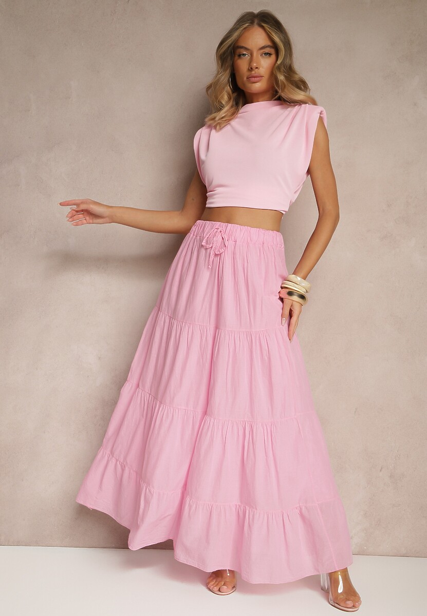 Różowa Rozkloszowana Spódnica z Bawełny z Wiązaniem i Gumką w Talii Miloreina