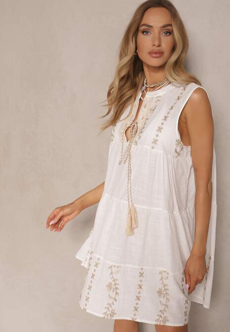 Biała Rozkloszowana Sukienka Boho z Wiskozą Zdobiona Haftem i Wiązaniem Valhiris