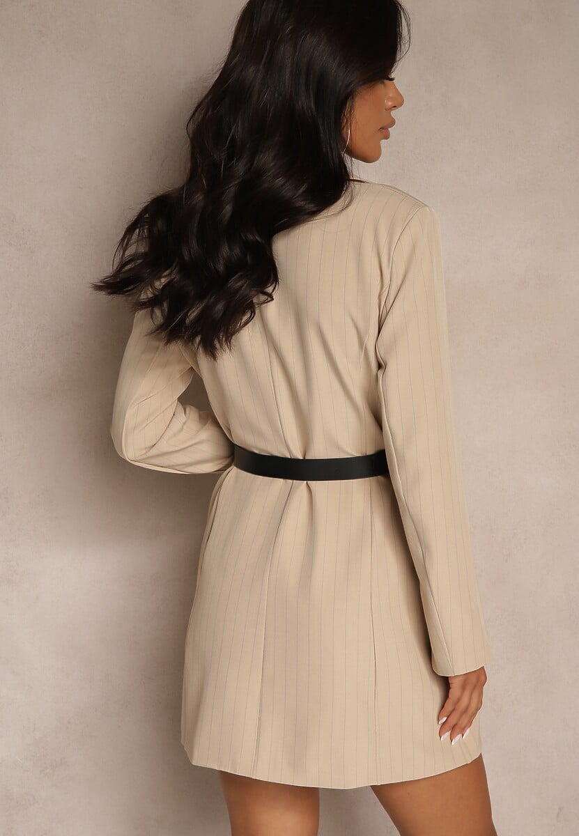 Beżowa Marynarkowa Sukienka z Wiskozą i Usztywnionymi Ramionami w Paski Nevarae