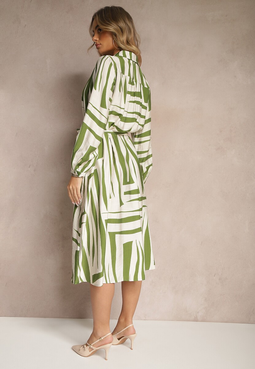 Zielona Sukienka z Wiskozą o Koszulowym Kroju w Geometryczny Print Ninatria
