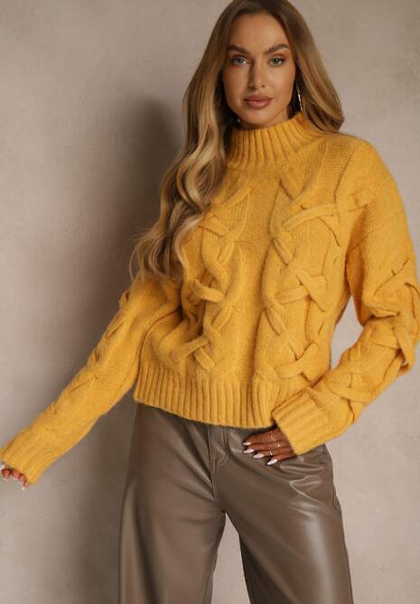 Żółty Golf z Dodatkiem Wełny ze Strukturalnym Splotem Fedansa