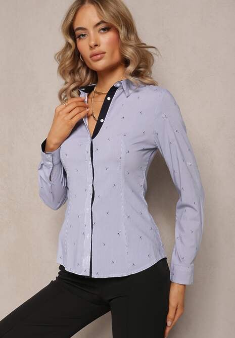 Granatowa Koszula Zapinana na Guziki w Drobny Print z Tkaniny w Paski Scylia