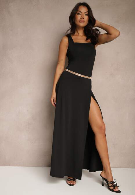 Czarna Sukienka z Dopasowaną Górą i Rozkloszowanym Dołem Bez Rękawów Aspafle